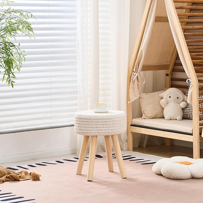 Wimarsbon Pouf Ottoman, 100% Cotton Knitted Boho Footstool, Round Footrest with Non-Skid Wood Legs, Home Décor Handmade Pouffe, Leisure Floor Step Stool for Living Room (Long Leg - Beige)