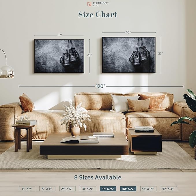 ElephantStock Boxing Gloves Wall Art - Horizontal Framed Canvas - 1-Piece Living Room Wall Decor - Photography Sports Canvas Print - Black and Gray Decor for Wall - 37" X 25"