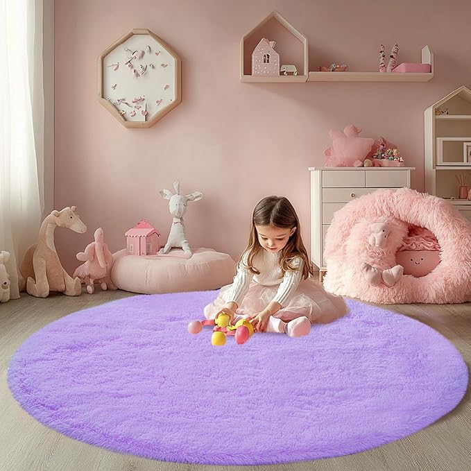CAIYUECS Purple Round Fluffy Rug for Bedroom: Circle Rugs for Kids Room- Plush Shag Area Rug for Girls- Fuzzy Soft Bedroom Rug, Cute Room Decor, Purple