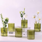 Glass Ribbed Cylinder Vase Set of 6, Bud Vase for Wedding Centerpieces, Green Flower Vases Bulk, Hurricane Floating Candle Holder, Decorative Flower Vase for Table Housewarming Gifts (Green)