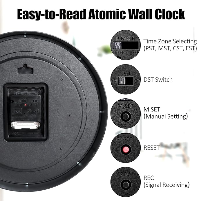 Geevon Atomic Wall Clock 14 Inch, Atomic Analog Wall Clocks Battery Operated, Large Digits Automatic Clock for Kitchen/School/Classroom/Bedroom/Living Room (Silver Frame)