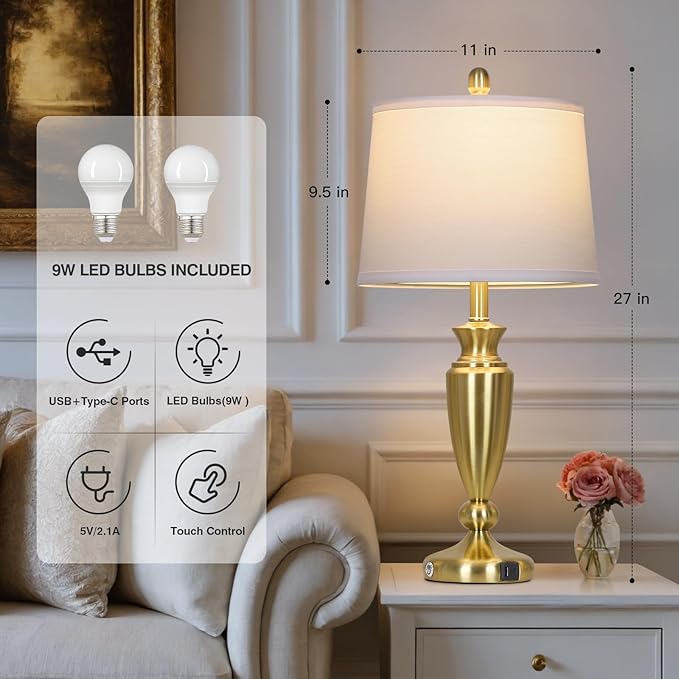 27" Gold Table Lamp Single, Touch Control Modern Bedroom Lamp with USB A+C Ports, 3-Way Metal Bedside Lamp, Elegant Brass Table Lamp for Night Stand Desk Side Table Office (Bulb Inclued)