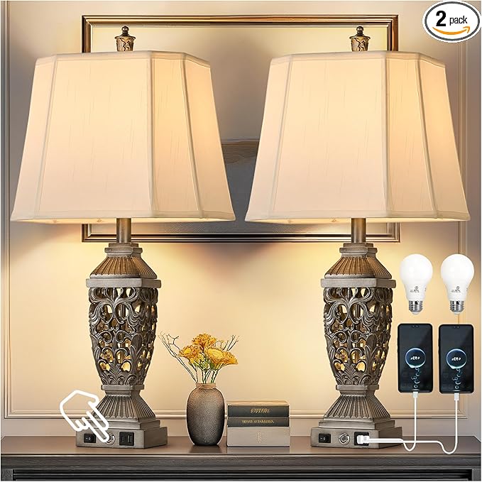 AIDENOEY Farmhouses Table Lamp with USB & USB-C Charging Ports, 3-Color Dimmable & Stepless Bottom Dimming, Touch Control & Switch, Vintage Bedside Lamp for Bedroom Living Room Office,(27.5" high)