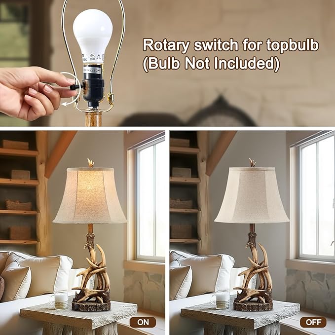 27.25'' Rustic Antler Table Lamp for Bedroom Nightstand Lamps with USB A + C Charging Ports Western Cabin Lamps for Living Room Home Office, Linen Lampshade, Single, Bulb Not Included