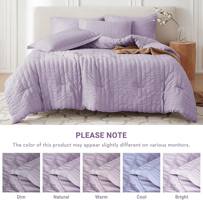 MUXHOMO 7 Pieces King Comforter Set, Seersucker Bed in a Bag King Size, All Season Luxury Bedding Set with Comforter, Flat Sheet, Fitted Sheet, Pillowcases & Shams, Lavender