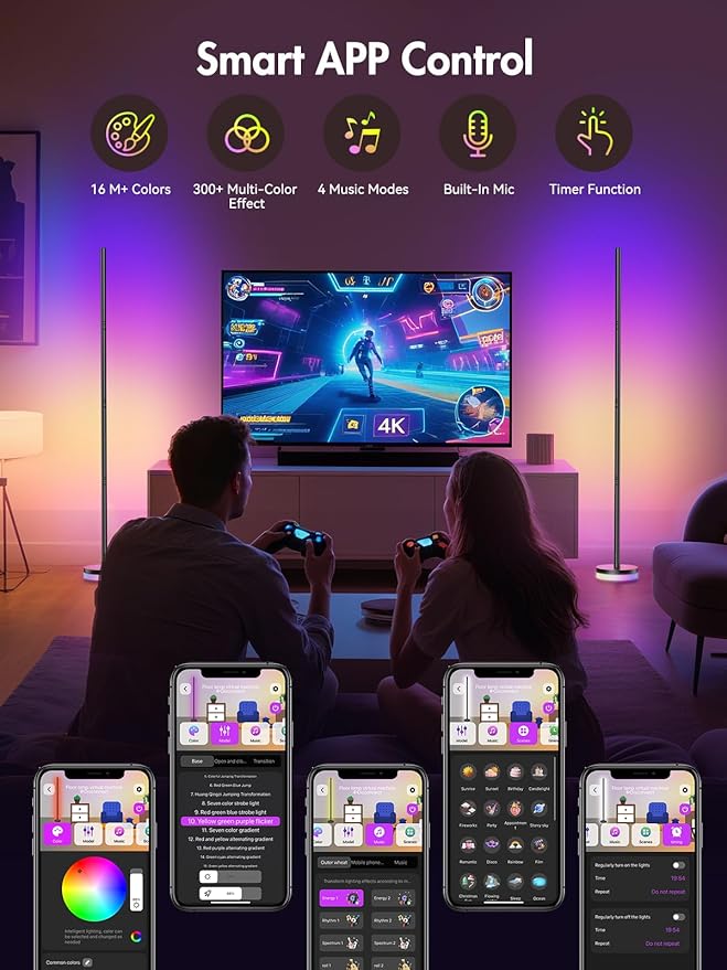 Corner Floor Lamp, RGBICW LED Corner Lamp with 1300lm Smart Modern Floor Lamp,App & Remote Control,Music Sync,Color Changing Standing Lamp for Bedroom Living Room and Gaming Rooms