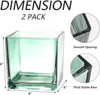 Square Green Glass Vases Set of 2, 6" x 6" x 6" Square Vase for Centerpieces, Flower Vases for CenterpieSquare Vaseces, Small Vase for Wedding, Party, Home Office Decoration