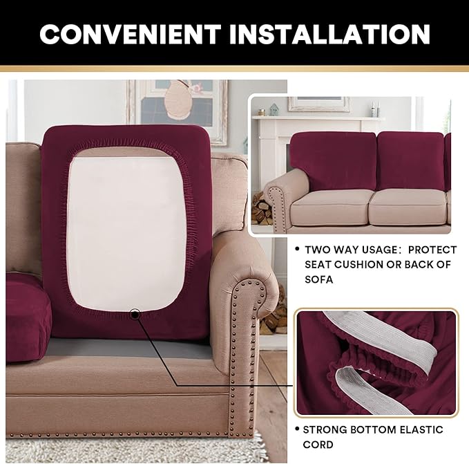 PrinceDeco Stretch Velvet Couch Cushion Cover,Soft Cushion Slipcover for Chair Cushion Furniture Protector Seat Cushion Sofa Cover Width Up to 29.5", Burgundy