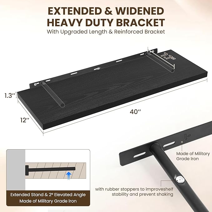 Dreamland 40" Floating Shelves for Wall, 12" Deep Slim Black Floating Shelves, Wall-Mounted Shelves for Bedroom, Living Room, Kitchen, Bathroom - Set of 2