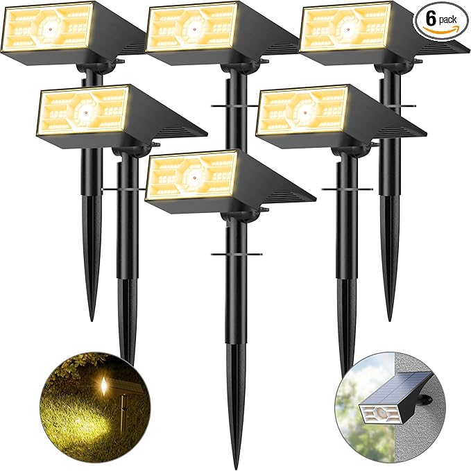 Solar Spot Lights Outdoor, 6 Pack Outdoor Solar Lights for Yard Waterproof, 4 Lighting Modes Solar Landscape Spotlights, Auto On/Off Solar Powered Flood Lights Garden Pathway (Warm White)