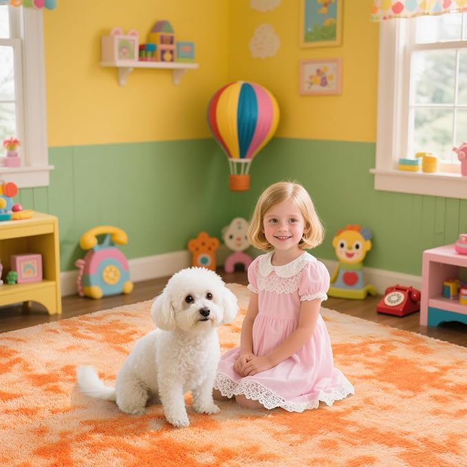 Mottling Orange Fluffy Rug Shaggy Area Rug, 4x6 Area Rugs for Girls Bedroom, Soft Cute Baby Play Mat, Indoor Floor Carpet for Teen, Nursery, Preppy Dorm, Plush Aesthetic Bedside Rug