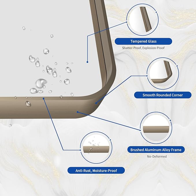 WEER Bronze Framed Modern Wall-Mounted Bathroom Mirror, 55"L x 36"W, Brushed Bronze Aluminum Frame, Shatterproof Tempered Glass, Rounded Rectangle, Horizontal/Vertical Mounting