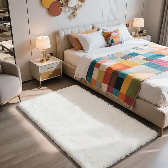 Shag Area Rug for Bedroom 3x5,White Fluffy Area Rugs for Living Room,Soft Fuzzy Rug Non-Shedding Indoor Plush Carpet for Kids Bedroom Nursery Dorm Home Decor