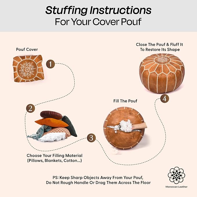 Handmade Moroccan Genuine Leather Pouf Ottoman Cover Unstuffed Foot Stool, Boho Foot Rest Under Desk, Round Ottoman for Living Room, Bedroom - Housewarming & Wedding Gifts