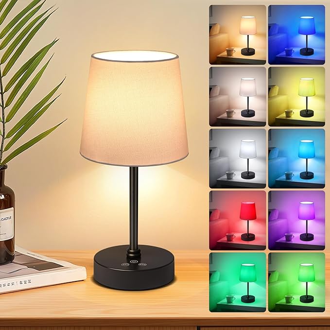 Cordless Table Lamp,5000mAh Rechargeable Battery Operated Desk Lamp,3Colors & 7 RGB Stepless Dimmable, Portable Small Touch Fabric Shade LED Night Light for Patio Restaurant Home(White)