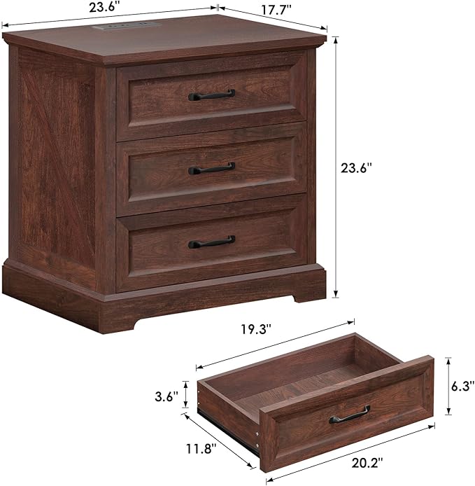 HOMMPA 24'' Farmhouse Nightstand with Charging Station, Bedside Tables with Storage, Side Table with USB Port, 3 Drawers End Table Dresser, Wood Night Stand for Bedroom, Living Room, Maroon Brown
