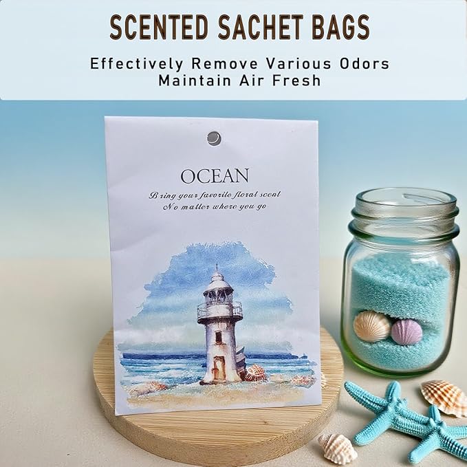 Ocean Scented Sachet Bags - 12 Pack Home & Car Freshener, Odor Eliminator for Closets, Rooms, Drawers, Wardrobes, Toilets, Long - Lasting 360 - Day Fragrance