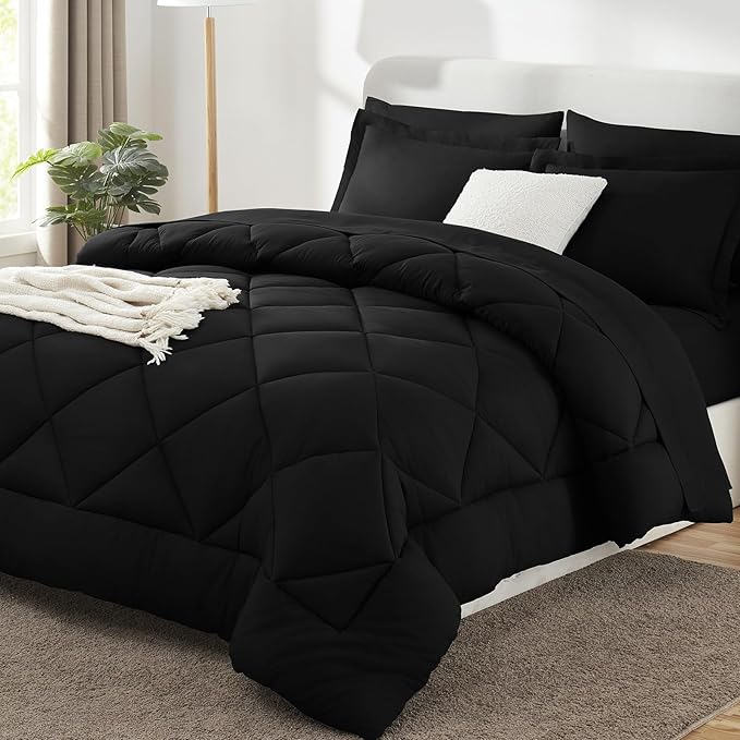 CozyLux Full Size Comforter Sets Black - 7 Pieces Bed in a Bag Full, Luxury Soft Bed Set for All Seasons, Bedding Set with Down Alternative Comforter, Sheets, Pillowcases & Shams