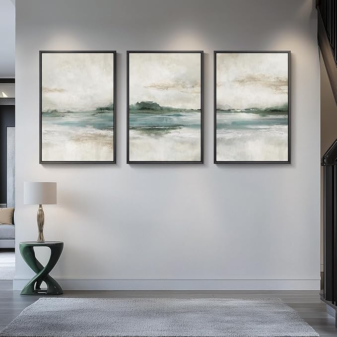 Large Framed Abstract Nature Landscape Wall Art for Living Room, Set of 3 Modern Canvas Prints Paintings Artwork for Walls, Green Lake Pictures for Hallway, Dining Room, Office Wall Decor 24x36 Inch