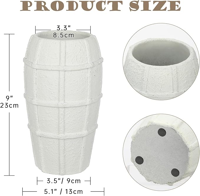 Briful Rustic Terracotta Flower Vase for Home Decor – 9" White Farmhouse Textured Barrel-Style Ceramic Vase Vintage Handcrafted Gridded Design for Faux & Dried Flowers Living Room Table Centerpiece