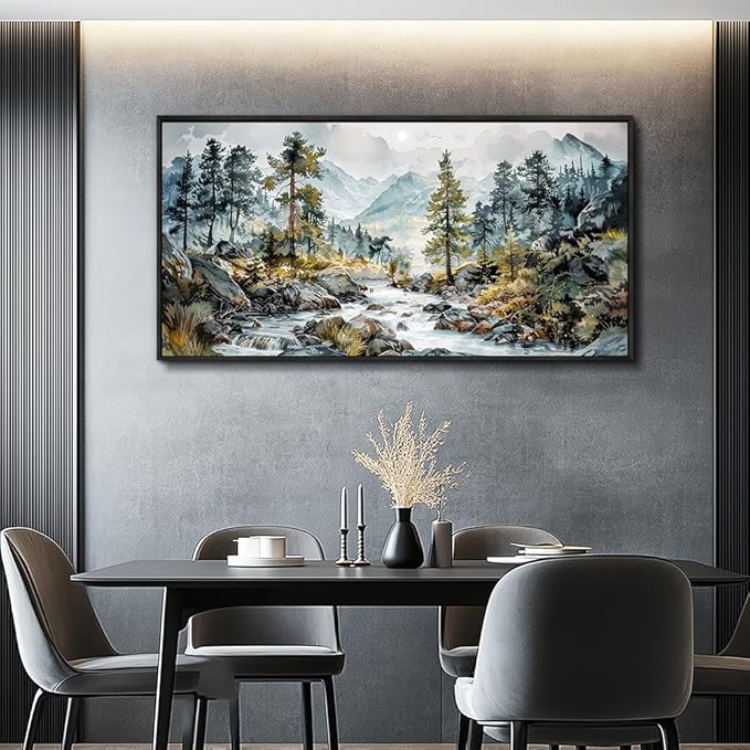 PHAOHUAXM Large Wall Art For Bedroom Wall Decor For Living Room Office Decoration Rivulet View Painting Forest Tree Landscape Watercolour Pictures Canvas Artworks Home Decor Black Framed 24x48 In