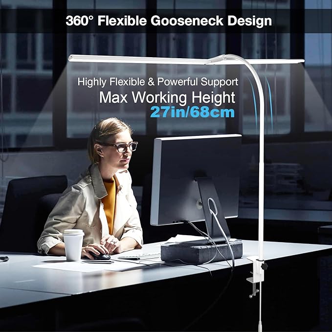 LED Desk Lamp, 31.5'' Wide Double Head Desk Lamps for Home Office, Dimmable 25 Lighting Modes 16W 1800lm Bright Desk Lighting, Eye Caring Architect Table Lamp for Workbench Monitor Study, White