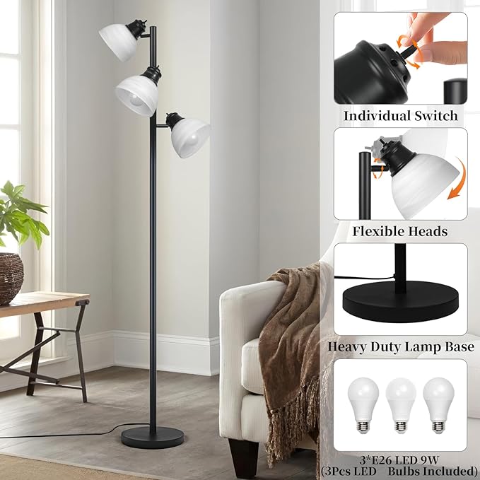 63" Modern 3-Head Adjustable Floor Lamp, Flexible Gooseneck Standing Lamp with Glass Shades for Living Room, Bedroom & Office,3x9W E26 LED Bulbs Included, Weighted Base