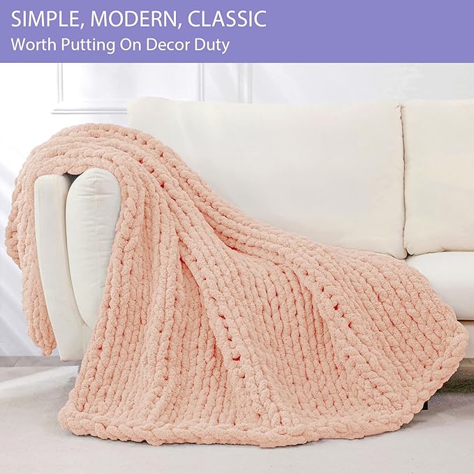 Bigacogo Chunky Knit Throw Blanket for Couch, 40x40 inches, 100% Hand Knitted with Thick Jumbo Chenille Yarn, Cozy Soft Large Rope Knot Cable Crochet Blankets for Sofa Bed Living Room, Peach Fuzz