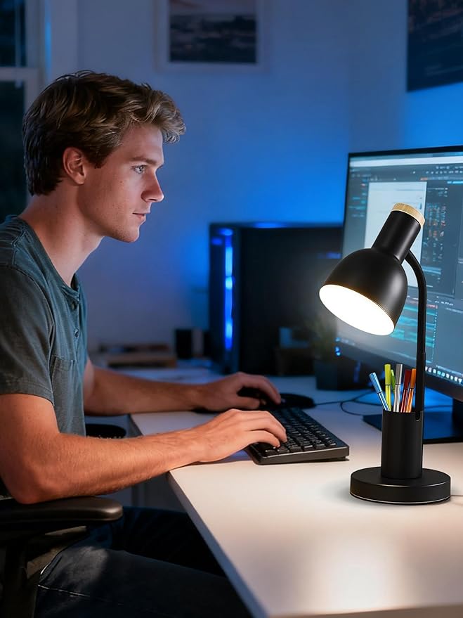LED Desk Lamp with Pen Holder, Eye-Caring Desk Light 3 Color Modes Reading Light Flexible Gooseneck Metal Study Lamp, Cute Table Lamps for Home Office Bedside Dorm(Black Lamp)