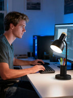 LED Desk Lamp with Pen Holder, Eye-Caring Desk Light 3 Color Modes Reading Light Flexible Gooseneck Metal Study Lamp, Cute Table Lamps for Home Office Bedside Dorm(Black Lamp)