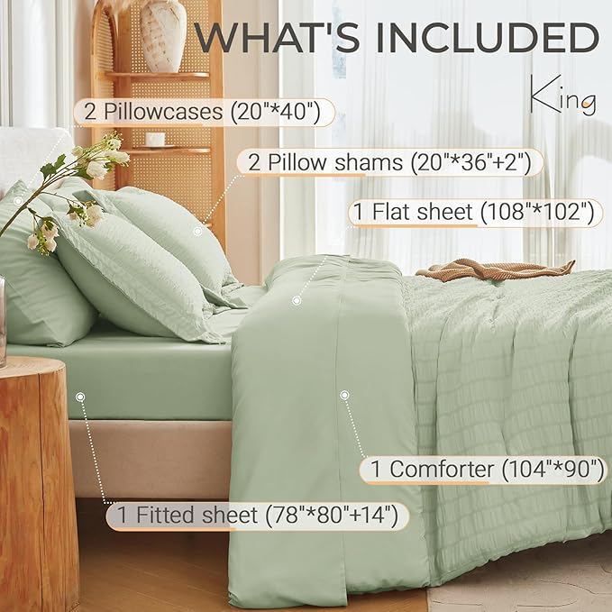 MUXHOMO 7 Pieces King Comforter Set, Seersucker Bed in a Bag King Size, All Season Luxury Bedding Set with Comforter, Flat Sheet, Fitted Sheet, Pillowcases & Shams, Light Green