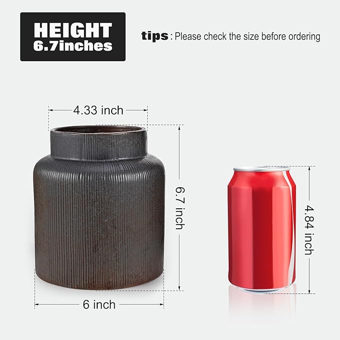 Rustic Vases for Decor, Farmhouse Ceramic Vase for Flowers, Vintage Decorative Vase for Home Decor, Dining Table, Living Room, Shelf, Kitchen, Bedroom (Dark Brown)