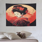 Japanese Woman Geisha Tapestry Asian Cherry Blossom Red Sun Traditional Kimono Folk Tapestries Home Decor for Living Room Bedroom Apartment Farmhouse Dorm 40"x30"