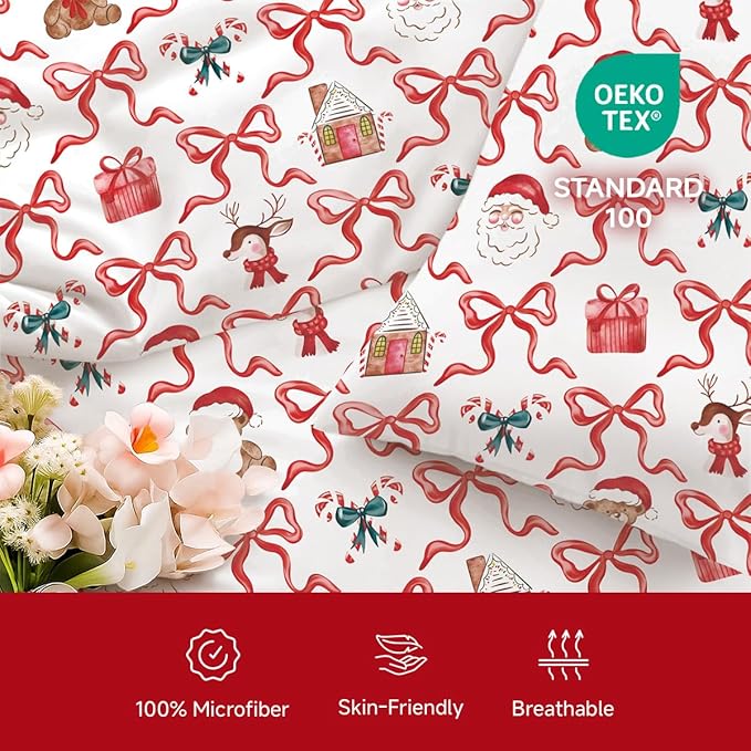 Christmas Comforter Set Full Size,Red Christmas Bed Set with Reindeer, Bows and Santa Claus Bedding for Holiday, 3 Pieces 1 Reversible Comforter and 2 Pillowcases