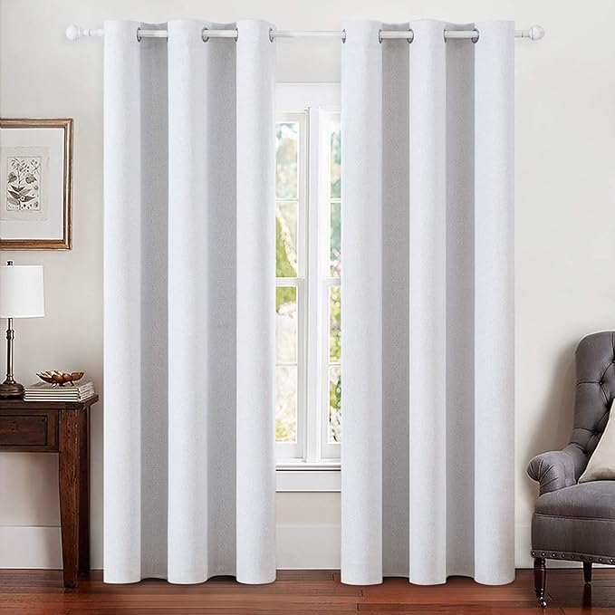 MIULEE Linen Blackout Curtains for Bedroom Solid 100% Blackout Thermal Insulated Grayish White Curtains Grommet Room Darkening Curtains/Drapes for Living Room 42x90 Inch (2 Panels)