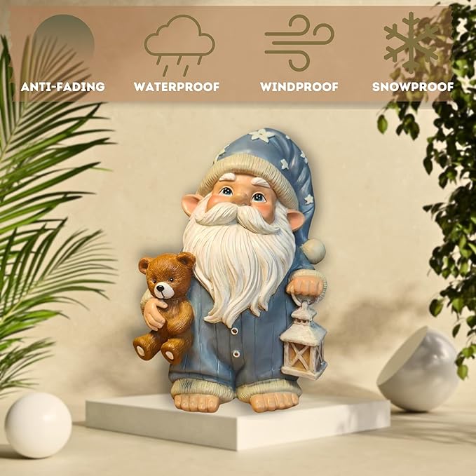 Sleepy Garden Gnome with Teddy Bear & Lantern - 9" Weatherproof Resin Statue - Indoor Outdoor Decor - Whimsical for Home, Patio & Lawn