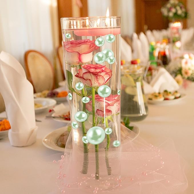 200PCS Light Green Faux Pearls Beads for Centerpiece Vases, Vase Filler Faux Pearls, No Holes Filler Beads for Party Anniversary Birthday Wedding Table Decor, 10/14/20/30mm