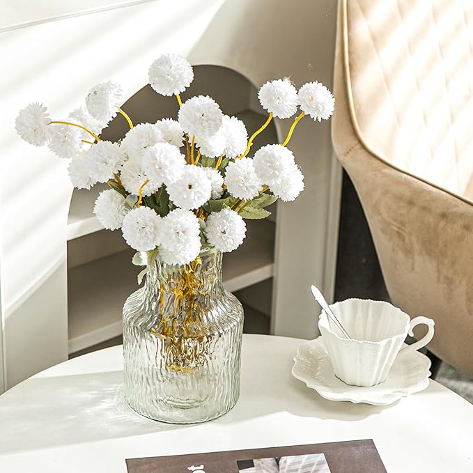 6 Artificial Silk Flowers + 3 Eucalyptus, Artificial Chrysanthemums with Stems for Home Decor, Ivory