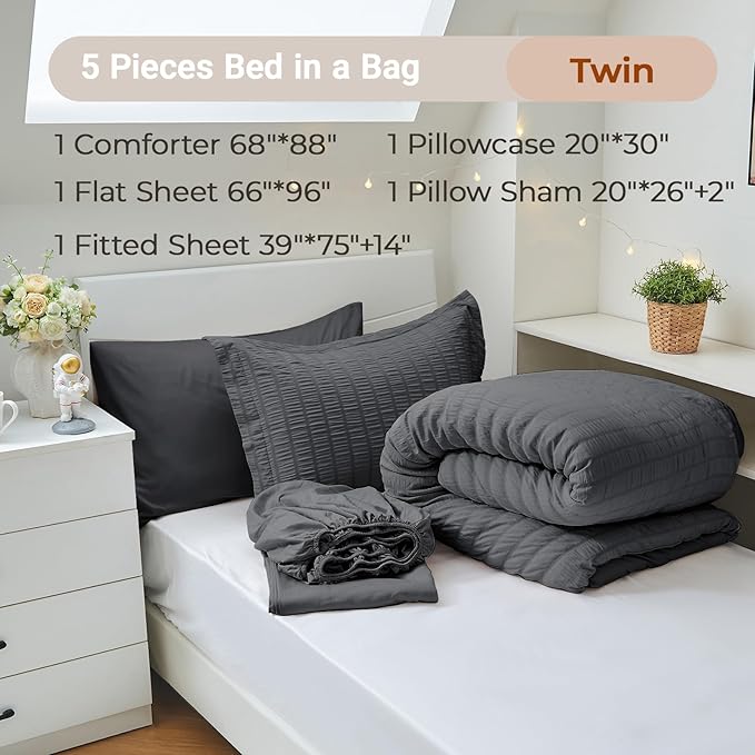 MUXHOMO 5 Pieces Twin Comforter Set, Seersucker Bed in a Bag Twin Size, All Season Luxury Bedding Set with Comforter, Flat Sheet, Fitted Sheet, Pillowcase & Sham, Dark Grey