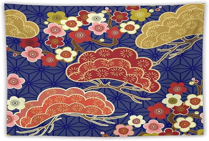 HZOHNAGO Japanese Tapestry Art Abstract Colorful Cherry Blossom Blue Background Pattern Printed Wall Tapestry Painting Wall Hanging for Bedroom Living Room Dorm 90" W x 60" H