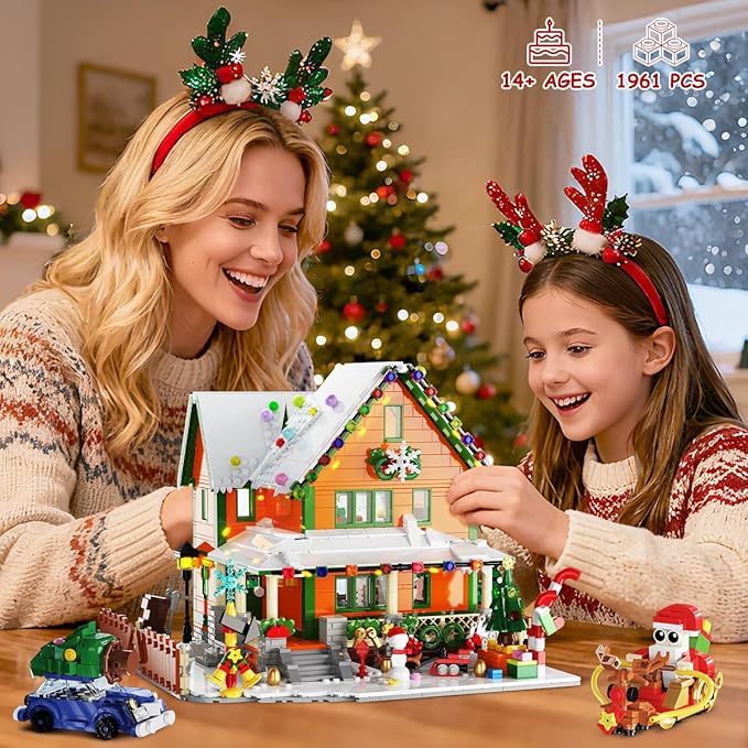 Christmas House Mini Building Set with Light, PLAXSOON 1961 PCS Holiday Snow Village Architecture Model Building Block with Santa Claus Sleigh, Xmas Display Toy Set for Adults Kids Boys Girls Ages 14+