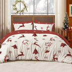 Christmas Comforter Set King Size, Christmas Bed Set with Reindeer, Bows and Santa Claus Snowflakes Bells Bedding for Holiday, 3 Pieces 1 Reversible Comforter and 2 Pillowcases