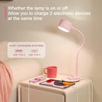 Cute Desk Lamp with USB C + A Charging Port, 5 Colors Dimmable Reading Lamps, Minimalist Pink Lamp for Kids, Eye Care Metal Bedside Table Lamp with Timer Flexible Gooseneck Desk Light for Home Office