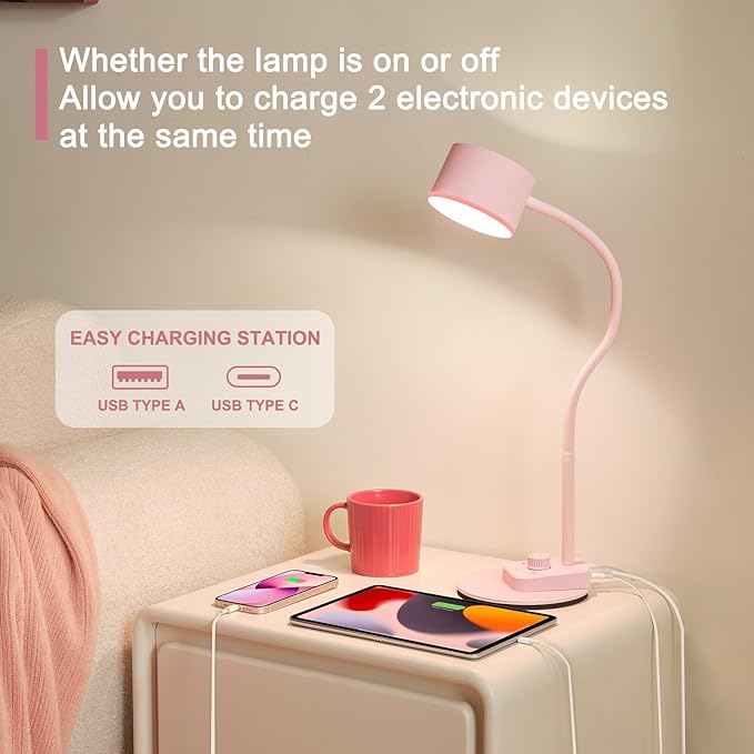 Cute Desk Lamp with USB C + A Charging Port, 5 Colors Dimmable Reading Lamps, Minimalist Pink Lamp for Kids, Eye Care Metal Bedside Table Lamp with Timer Flexible Gooseneck Desk Light for Home Office