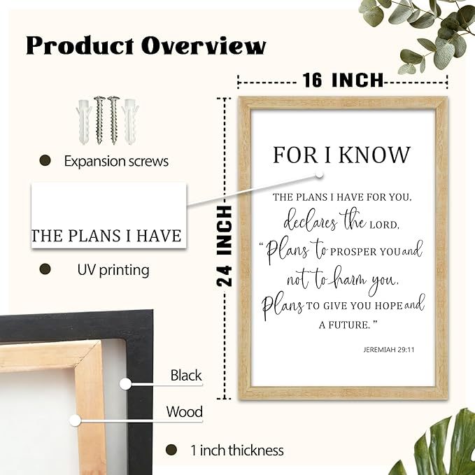 For I Know The Plans I Have for You Wall Decor 24"×16" Jeremiah 29 11 Sign Large Wood Framed Wall Hanging Art (Wood)