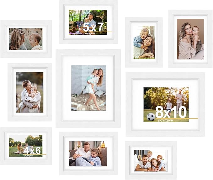 Picture Frames Set of 10 White, Bulk MDF Frames for 8x10, 5x7, 4x6 Photos Real Glass for Wall or Tabletop