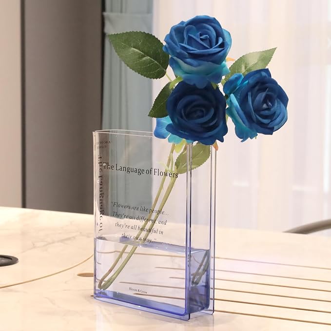 Book Vase for Flowers Home Décor,Artistic and Cultural Flavor Decorative Acrylic Clear Vase for Home and Office,Creative Gifts for Book Lovers. (Blue)