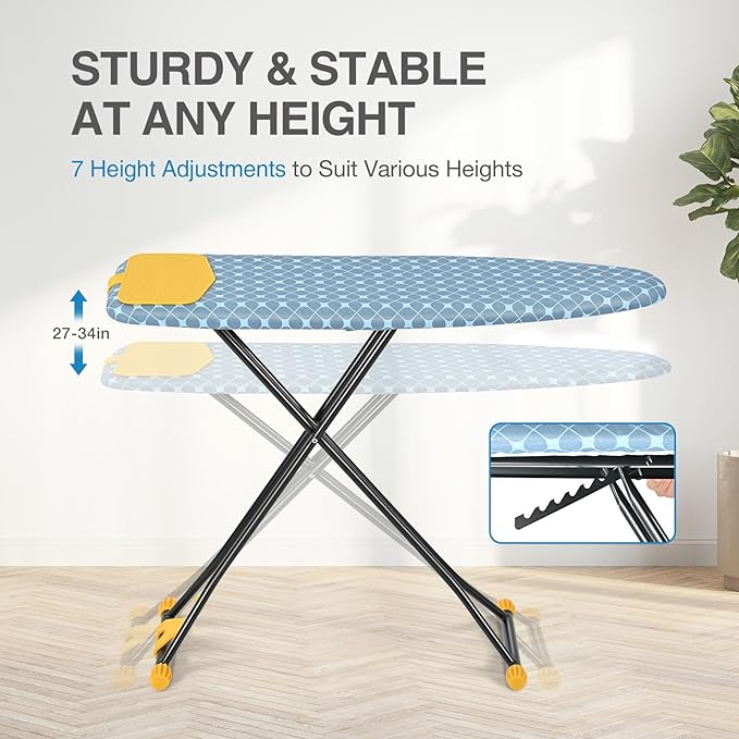 APEXCHASER Ironing Board with Iron Rest, Compact and Space Saver Iron Board, Extra Thick Cover, Height Adjustable, Wall Mount & Closet Hanger 13x43 Yellow