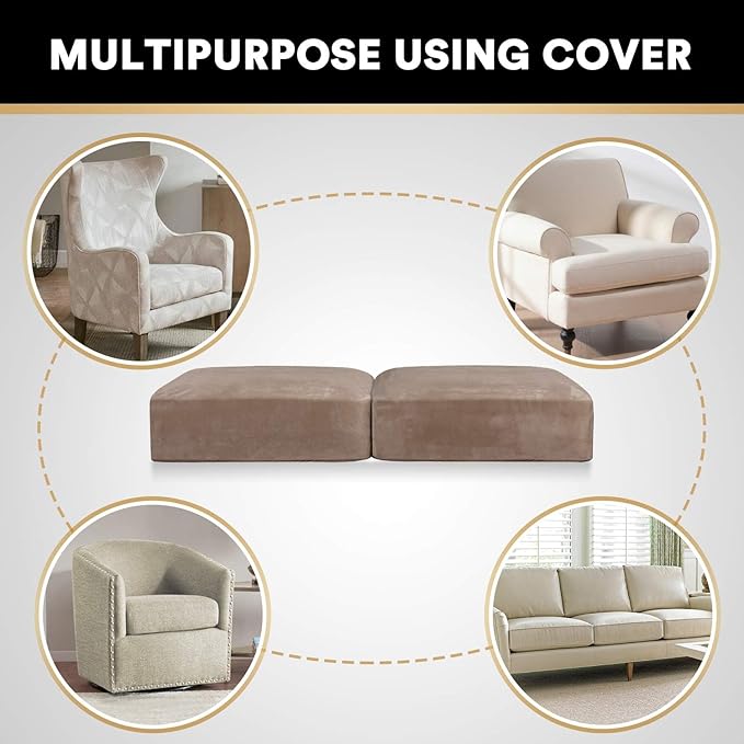 PrinceDeco Velvet Couch Cushion Cover Soft Stretch Cushion Slipcover for Chair Loveseat Sofa Cushion Furniture Protector Seat Cushion Sofa Cover (2 Piece Large Sofa Cushion Covers, Taupe)