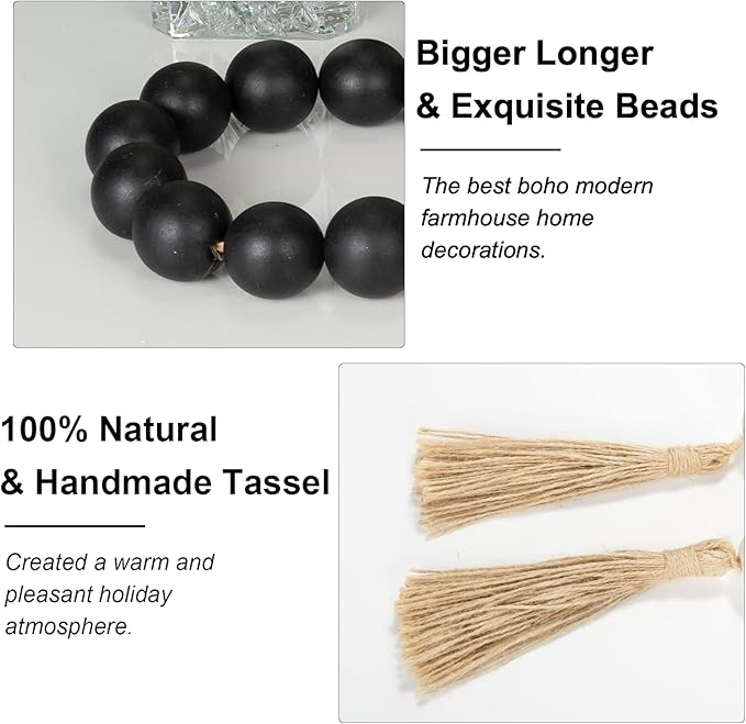OMISHE Extra Large Wood Bead Garland Black with 1.6" Diameter Wooden Beads and Tassels, 41" Long Rustic Farmhouse Country Decorative Beads for Home Tiered Tray Decor, Black